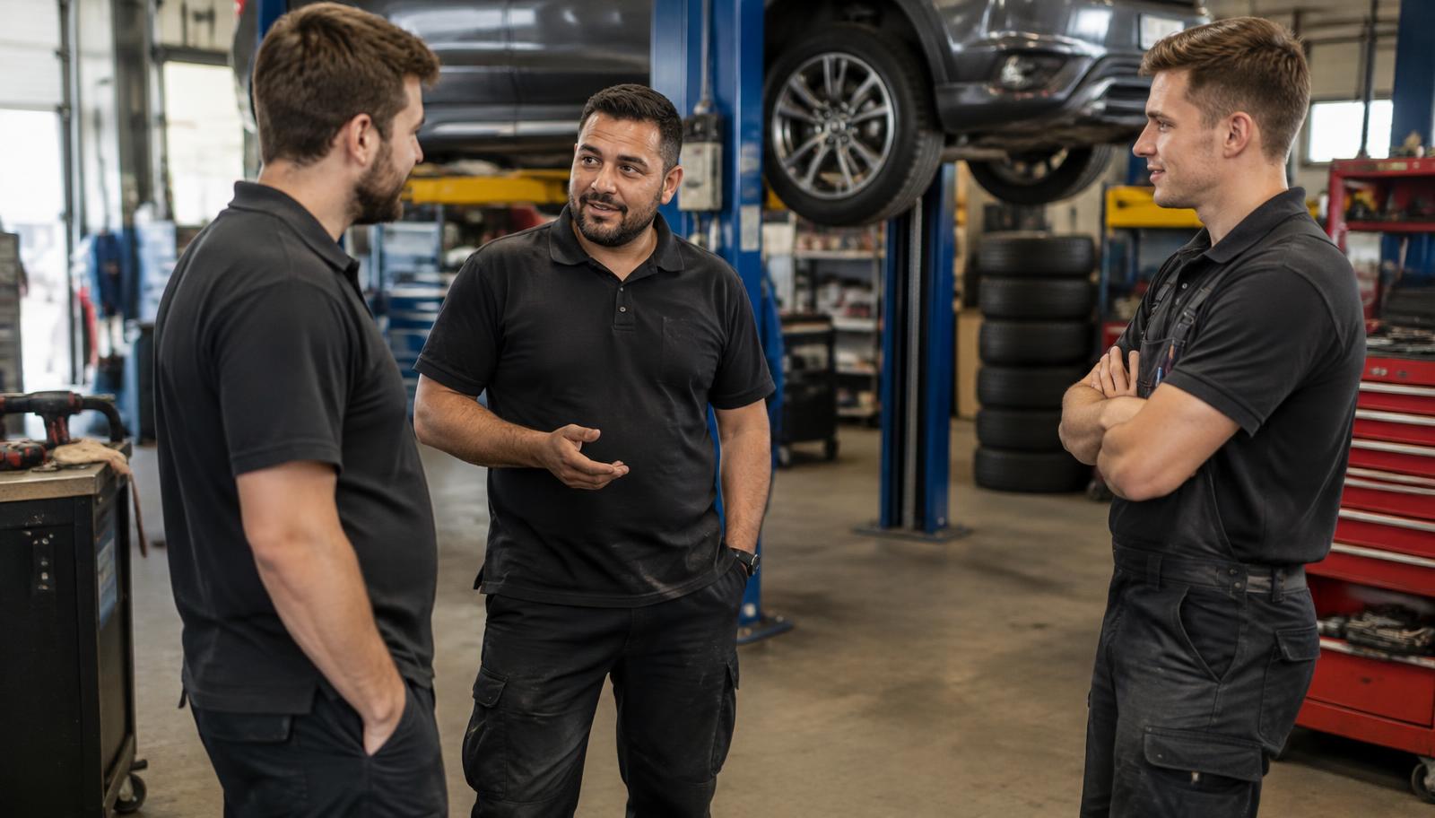 Mechanics in a workshop in front of a car on a lift
